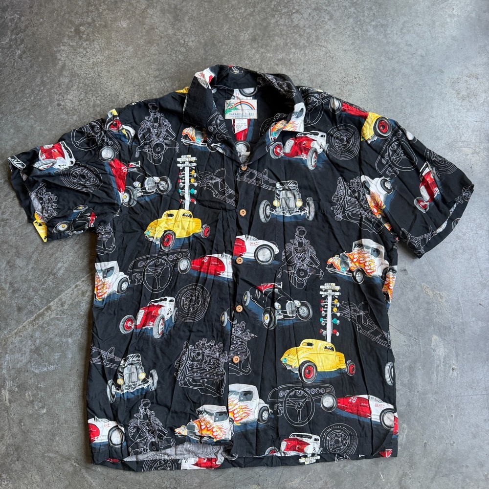 VTG Paradise Found Hawaiian 100 Rayon Shirt Mens Size L Made in USA Short Sleeve
